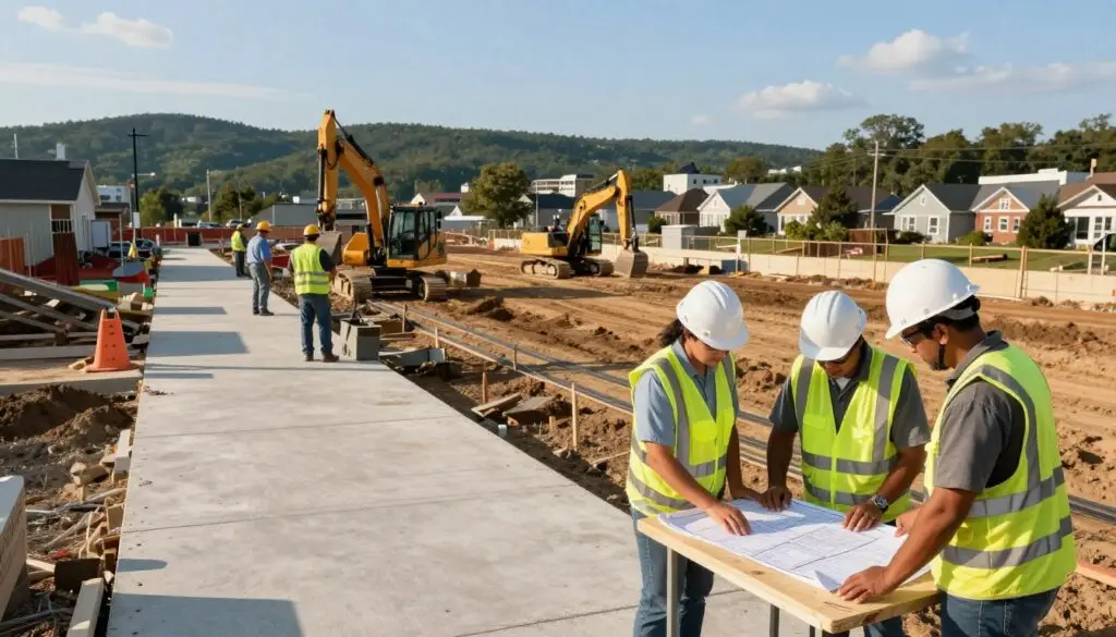 A detailed site layout illustrating a concrete sidewalk construction project in East Tennessee. The foreground features construction professionals in hard hats and safety vests, discussing plans over blueprints on a wooden table. In the middle ground, workers are operating construction machinery, clearly showing the process of preparing the site, with marked utility lines and stakes indicating where permits are required. The background presents a picturesque view of Knoxville's urban landscape, with low hills and suburban homes under a bright blue sky, hinting at local codes and regulations. The scene is well-lit, with the warm afternoon sun casting soft shadows, creating an inviting yet professional atmosphere. The image is captured from a slightly elevated angle for a comprehensive overview of the site layout.