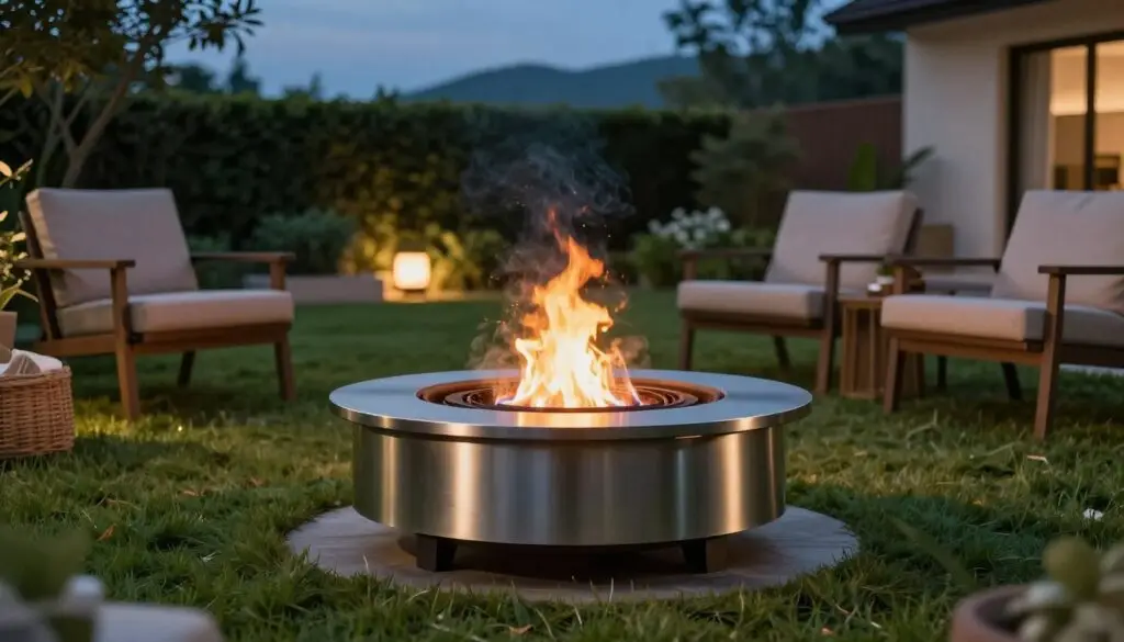 A modern smokeless fire pit designed for outdoor use, elegantly situated in a cozy backyard setting. In the foreground, the sleek, circular fire pit features a stainless steel design with a subtle flame flickering, emitting minimal smoke. The middle ground showcases a well-manicured lawn with comfortable outdoor seating arranged around the fire pit. Soft ambient lighting highlights the scene, creating a warm and inviting atmosphere. The background features lush greenery and a twilight sky, transitioning into deep blue hues, adding to the tranquil mood. Capture the image with a low-angle shot to emphasize the fire pit and create depth, while ensuring the overall ambiance conveys relaxation and innovation in outdoor cooking. A modern smokeless fire pit designed for outdoor use, elegantly situated in a cozy backyard setting. In the foreground, the sleek, circular fire pit features a stainless steel design with a subtle flame flickering, emitting minimal smoke. The middle ground showcases a well-manicured lawn with comfortable outdoor seating arranged around the fire pit. Soft ambient lighting highlights the scene, creating a warm and inviting atmosphere. The background features lush greenery and a twilight sky, transitioning into deep blue hues, adding to the tranquil mood. Capture the image with a low-angle shot to emphasize the fire pit and create depth, while ensuring the overall ambiance conveys relaxation and innovation in outdoor cooking.