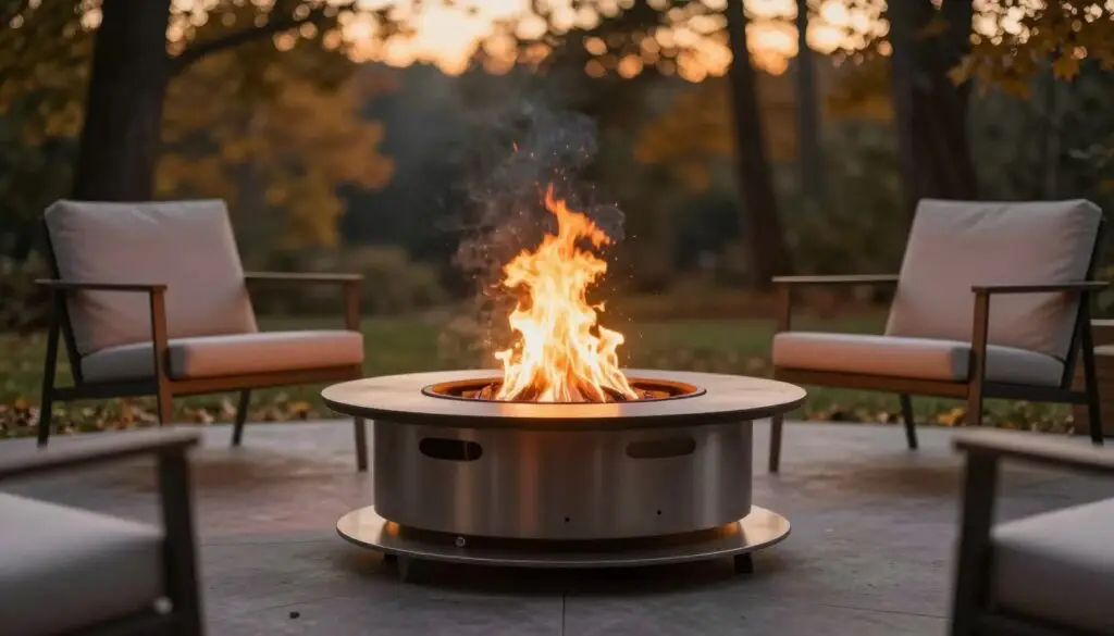 A modern smokeless fire pit is centrally featured in the foreground, showcasing its sleek, steel design with dual combustion chambers. The flames dance in a controlled manner, emitting soft, warm light while minimizing smoke, illustrating the efficient two-stage burn process. Surrounding the fire pit are elegant, minimalist outdoor chairs arranged in a cozy setting, suggesting a peaceful autumn evening. In the background, a blurred forest creates a calming natural environment with gentle hues of twilight. Soft golden light filters through the trees, enhancing the inviting atmosphere. The image is taken from a low angle, capturing the beauty of the fire pit and the surrounding ambiance, providing a warm, serene mood perfect for outdoor gatherings. A modern smokeless fire pit is centrally featured in the foreground, showcasing its sleek, steel design with dual combustion chambers. The flames dance in a controlled manner, emitting soft, warm light while minimizing smoke, illustrating the efficient two-stage burn process. Surrounding the fire pit are elegant, minimalist outdoor chairs arranged in a cozy setting, suggesting a peaceful autumn evening. In the background, a blurred forest creates a calming natural environment with gentle hues of twilight. Soft golden light filters through the trees, enhancing the inviting atmosphere. The image is taken from a low angle, capturing the beauty of the fire pit and the surrounding ambiance, providing a warm, serene mood perfect for outdoor gatherings.