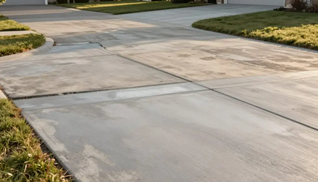 A well-maintained concrete driveway stretching across a suburban landscape, showcasing various stages of its lifespan. In the foreground, show a smooth, newly poured section of the driveway with a light gray color and faint water sheen, indicating freshness. The middle ground should depict an aging section with subtle cracks and surface discoloration, illustrating wear over time. In the background, include a weathered driveway with patches and a slight grassy overgrowth on the edges, reflecting years of use. The lighting is warm and natural, capturing the golden hour glow, emphasizing texture and details. A slight tilt from a low angle gives a sense of depth, and the overall atmosphere should convey a sense of time passing and durability, highlighting the longevity of concrete driveways in the United States.