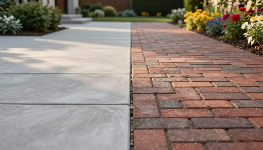 A visually engaging illustration centered on the concept of "cost per square foot" for a driveway, featuring two separate sections in the foreground: one showcasing a well-installed concrete driveway and the other highlighting an elegant paver driveway. The concrete section exhibits a smooth, clean finish, while the paver section displays a variety of colors and patterns. In the middle ground, include a measuring tape laid out next to both driveways, symbolizing cost assessment. The background features a suburban setting with trees and a clear sky, creating a bright and inviting atmosphere. The image is well-lit with soft sunlight, capturing details in high resolution, and shot from a slightly elevated angle to provide an overview of both driveways. The mood conveys professionalism and thoughtful budgeting. concrete pavers vs brick pavers - concrete or pavers for driveway