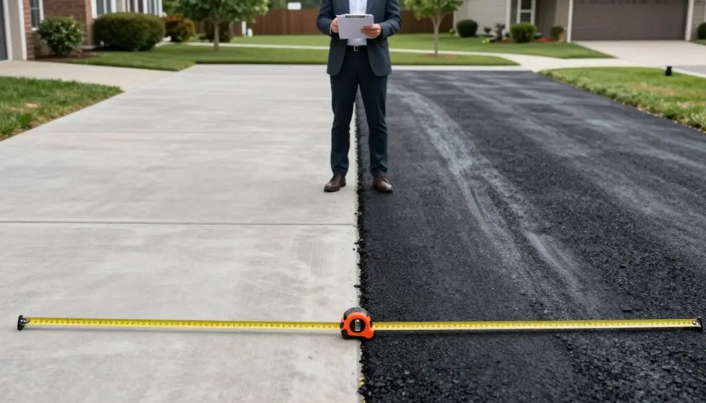 A visually striking infographic depicting the cost comparison between concrete and asphalt driveways per square foot. In the foreground, a clear divided image showcases a concrete driveway on one side, with its rough texture and light gray color, while the other side illustrates a smooth, dark asphalt driveway. In the middle, graphs and percentage icons highlight numerical values of costs, blending seamlessly into the driveways. The background features a residential setting with a suburban home and lush green landscaping to contextualize the driveways. Soft, natural lighting enhances the details, with a slightly elevated perspective that gives depth. The mood conveys professionalism and clarity, inviting the viewer to understand the cost differences visually, without any text or annotations in the image. is concrete driveway cheaper than asphalt - concrete driveway vs asphalt