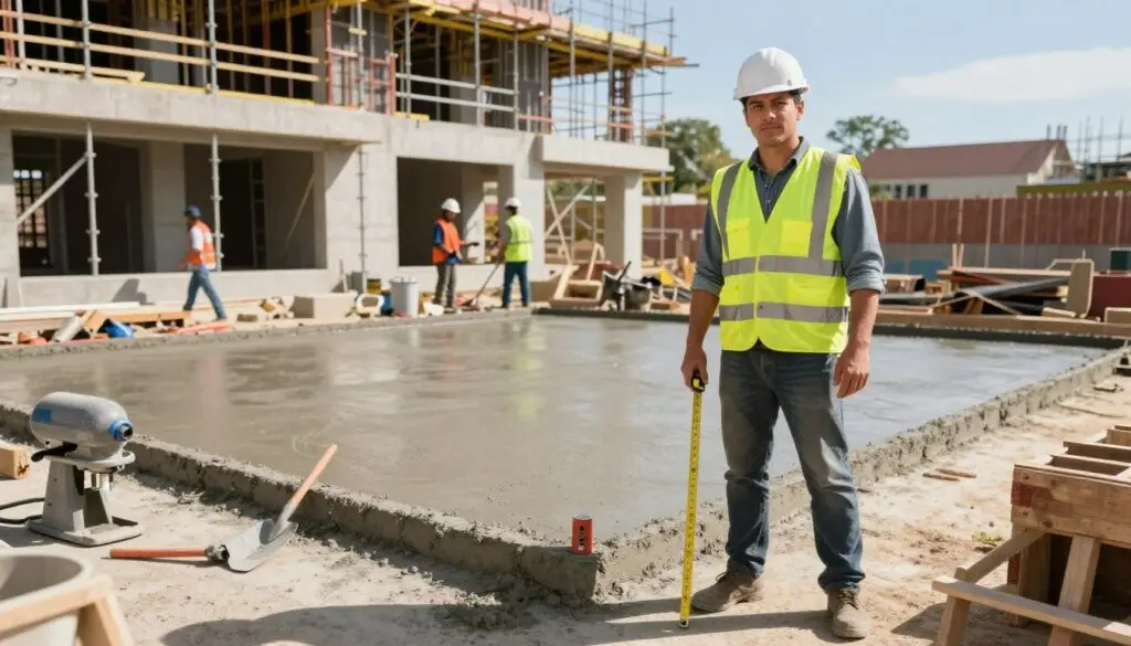 A concrete contractor stands confidently in the foreground, wearing a hard hat and a high-visibility safety vest, with a measuring tape in hand, surveying a concrete slab they are preparing. In the middle ground, a construction site showcases a freshly poured concrete area, surrounded by various tools such as trowels and mixers, emphasizing a professional work environment. The background features a partially constructed building, with scaffolding and workers in professional attire diligently working, under a bright blue sky. The scene is illuminated by warm, natural sunlight, casting soft shadows to create a welcoming atmosphere. Capture this urban construction setting at a dynamic angle to highlight the craftsmanship and dedication that homeowners and businesses seek for their concrete projects. - how thick is concrete driveway