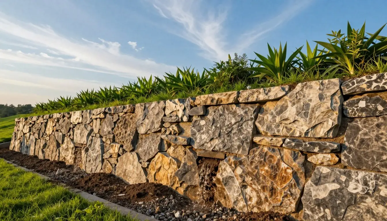 A detailed drainage retaining wall constructed from natural stone, prominent in the foreground, showcasing various textures and layers. The wall stands resolutely, demonstrating effective soil mechanics, with soil and gravel visibly cascading behind it, illustrating drainage functionality. In the middle ground, a lush green landscape unfurls, with vibrant plants and grass, emphasizing stability and natural integration. The background features a serene blue sky with wispy clouds, casting soft, warm sunlight across the scene, enhancing the textures of the stonework. The angle captures a slight upward perspective to highlight the wall’s prominence in the landscape. The overall atmosphere conveys a sense of resilience and harmony with nature, perfect for educating on the functionality and importance of retaining walls. Geo Retaining wall contractor