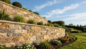 A modern retaining wall constructed from smooth stone blocks, showcasing various textures and colors. In the foreground, the wall is elegantly curved, with vibrant greenery and small flowering plants nestled at its base, emphasizing its purpose in landscaping. The middle ground features softly sloping earth, creating a terraced effect, while a well-maintained garden with colorful flowers and shrubs stretches out beside the wall. In the background, a clear blue sky with wispy clouds creates a bright and uplifting atmosphere, illuminating the scene with warm, natural light. The image is captured from a low angle to emphasize the height and resilience of the retaining wall, evoking a sense of stability and beauty in outdoor spaces. Geo Retaining wall contractor
