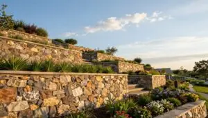 A serene outdoor landscape featuring a series of beautifully constructed retaining walls made from natural stone and timber. In the foreground, detail the textures of the walls, showcasing their height and gradients, while lush greenery and colorful flowers bloom along the base. The middle ground reveals a gentle slope transitioning into a vibrant garden, with small pathways weaving between the walls. In the background, a clear blue sky with soft cloud formations enhances the peaceful ambiance. The lighting is warm and golden, suggesting late afternoon, creating soft shadows that add depth. The perspective is slightly elevated, capturing the retaining walls' integration into the landscape design, illustrating their importance in supporting soil and creating visually appealing outdoor spaces. The overall mood is tranquil and inviting. Geo Retaining wall contractor