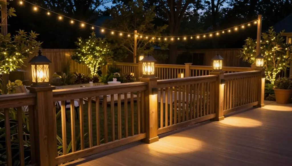 A stunning multi-level deck design showcasing various activity zones in a spacious backyard. In the foreground, a large wooden deck with elegant railings features comfortable seating areas, ideal for relaxation. The middle level includes a stylish dining area with a large table and chairs, surrounded by lush greenery and vibrant flowers. In the background, a lower deck with a cozy fire pit and lounge chairs creates a warm social space. Soft afternoon sunlight filters through the trees, casting dappled shadows on the decks, enhancing the inviting ambiance. The entire scene is captured from a slightly elevated angle, showcasing the layered design of the deck and the harmonizing natural elements. The mood is tranquil and inviting, perfect for outdoor gatherings and leisure activities. A beautifully illuminated outdoor deck in Knoxville, TN, showcasing a warm and inviting ambiance. The foreground features stylish deck lighting integrated into the wooden railing, casting soft pools of light onto the floor. In the middle ground, decorative lanterns and string lights hang gracefully overhead, enhancing the cozy atmosphere. The background reveals a lush garden with soft shadows and twinkling fairy lights that create a magical nighttime scene. The lighting is warm and inviting, with a slight glow reminiscent of sunset. The angle is slightly elevated, capturing the entire deck area while ensuring the lighting shines prominently. The mood is serene and welcoming, perfect for evening gatherings with friends and family, emphasizing safety and sophistication. - outdoor deck ideas