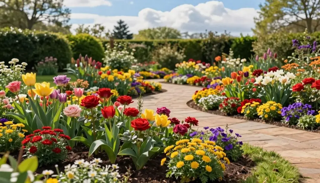 A vibrant garden scene featuring meticulously arranged flower beds bursting with color. In the foreground, a variety of blooming flowers such as roses, tulips, and daisies create a lush tapestry of reds, yellows, and purples. In the middle ground, well-defined pathways made of natural stone meander through the beds, inviting exploration. In the background, a soft-focus of green shrubs and trees creates a serene backdrop under a bright blue sky with fluffy white clouds. The scene is illuminated by warm, natural sunlight, casting gentle shadows that enhance the textures of the flowers and foliage. The atmosphere is calm and inviting, perfect for a landscape installation showcase. The angle is slightly elevated to capture the full layout of the flower beds, emphasizing their design and harmonious arrangement. - landscape design and installation