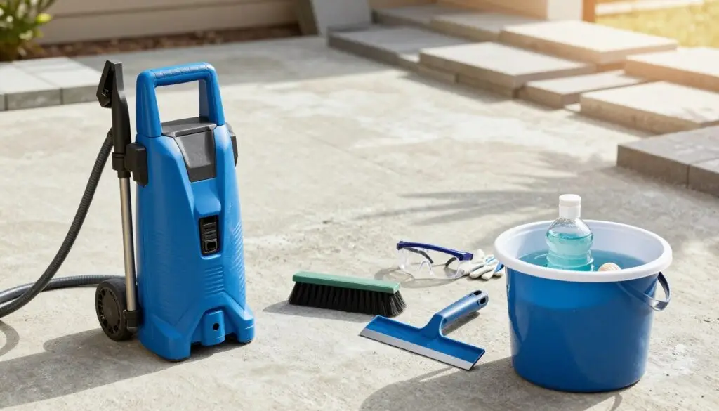 A well-organized workspace featuring an array of surface prep tools for cleaning concrete pavers. In the foreground, a bright blue pressure washer with a long hose, a sturdy scrub brush, a plastic scrapper, and a bucket filled with cleaning solution. The middle ground showcases a set of safety goggles and gloves, emphasizing safety precautions. The background includes a clean, sunlit patio with various pavers, highlighting the cleanliness of the prepared surface. Natural sunlight casts soft shadows, creating a warm, inviting atmosphere. The image should be captured at a slight angle to provide depth, with a focus on the tools, evoking a sense of readiness and professionalism in outdoor cleaning. The overall mood should feel clean, organized, and encouraging for preparation before the cleaning process. - how to clean paver patio